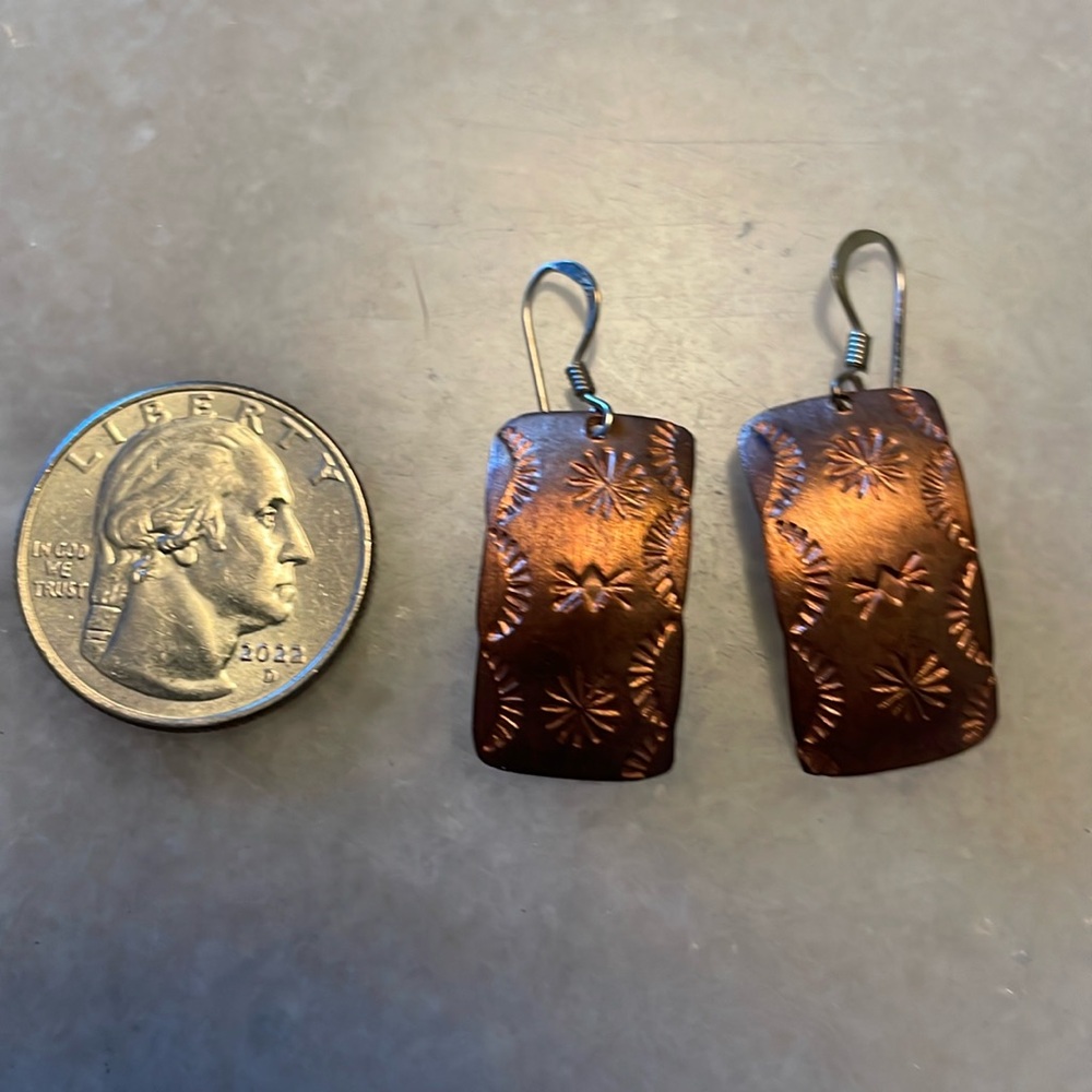 Pair of handmade and stamped copper earrings with 925 sterling findings